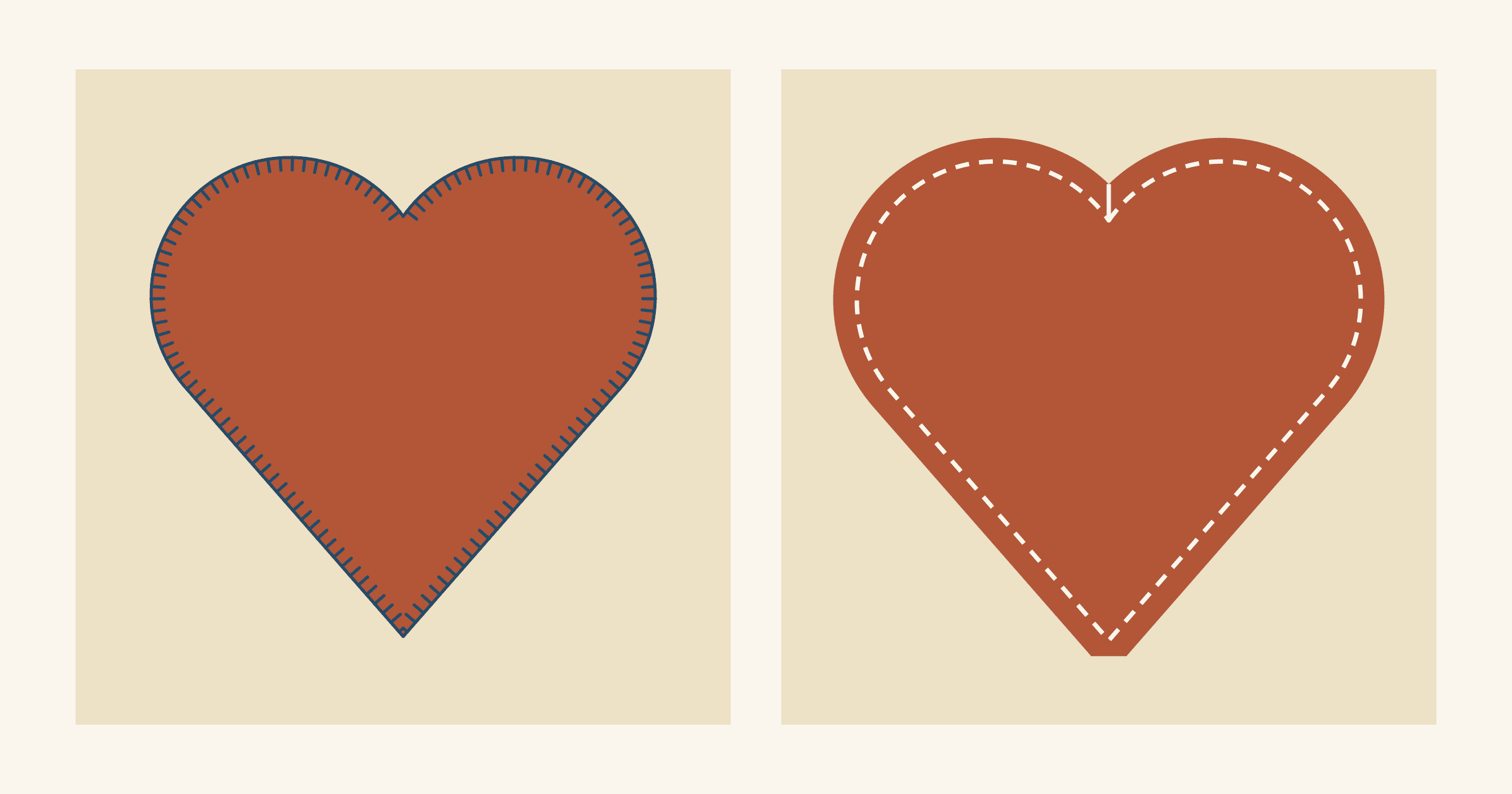 Two rust hearts on cream squares: on the left a raw-edge heart outlined with a navy blanket stitch; on the right a heart cut 3/16 inch outside a dashed fold line, with a clip at the top V and the tip snipped