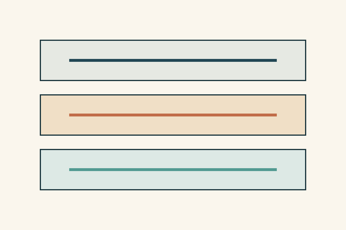 Three drawn horizontal scrap-check paths on separate pale rectangular panels