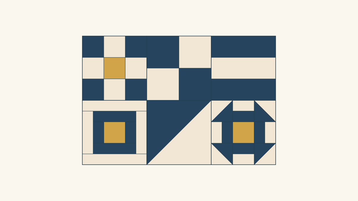 Six drawn navy, cream and gold blocks share navy in their main motifs: Nine Patch, Four Patch, rails, framed center, diagonal half and Churn Dash