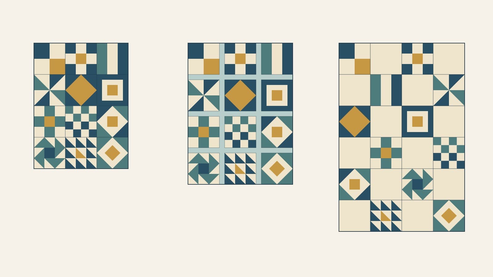 Original comparison of twelve navy, teal and gold sampler blocks in a direct grid, with internal sashing, and alternating with plain blocks