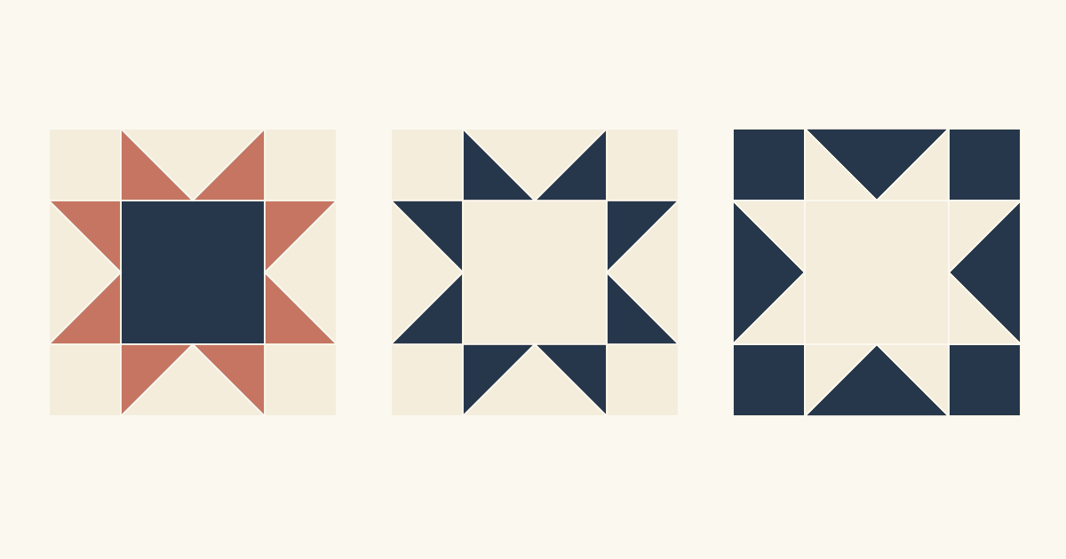 Three Sawtooth Star blocks side by side: a navy center with coral points on cream, navy points on cream, and a cream star on a navy background