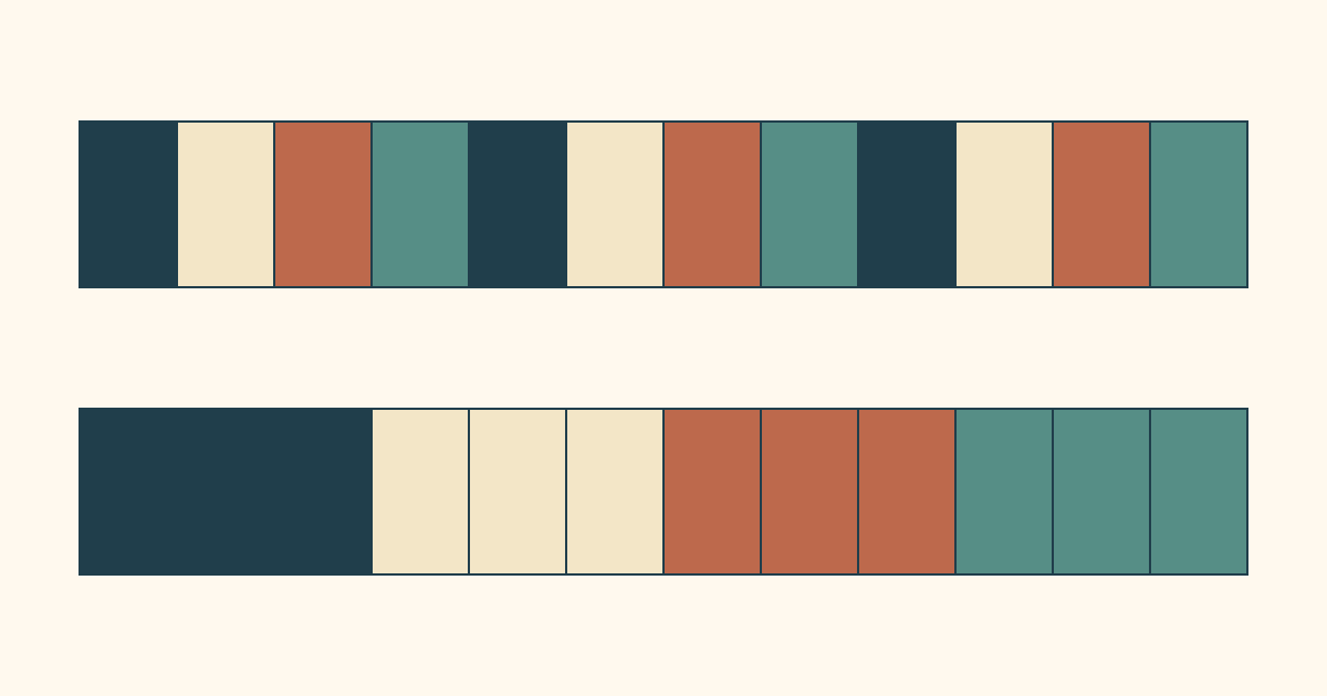 Twelve raw binding segments shown in repeated and grouped color arrangements