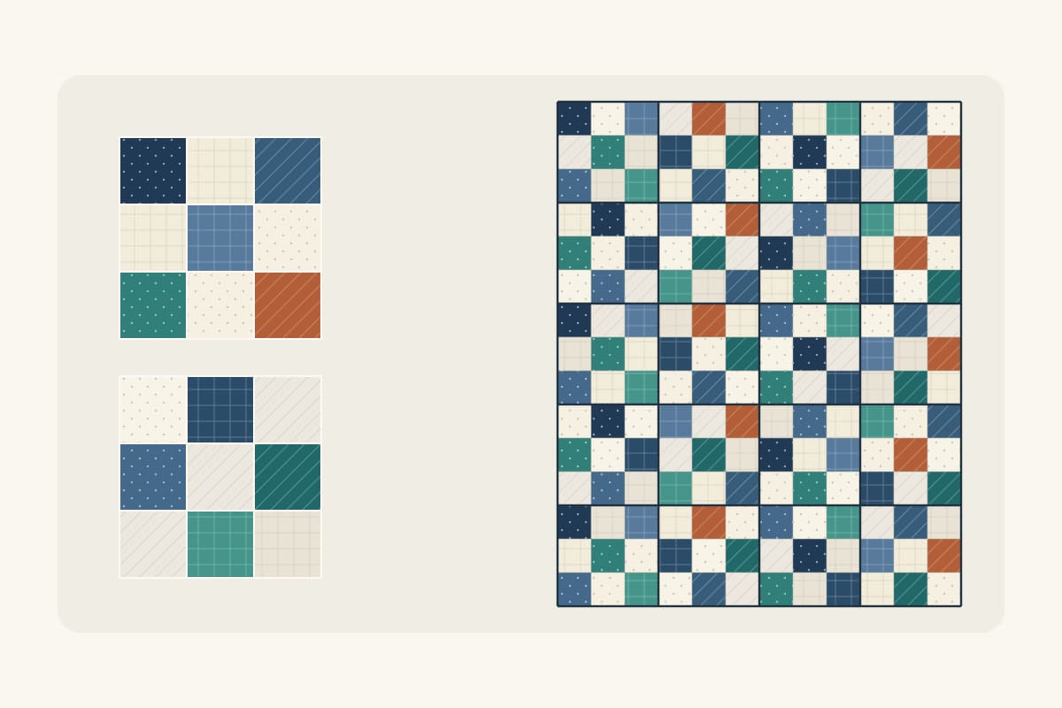 Original diagram of two contrasting nine-patch block types beside a twenty-block quilt plan using blue, teal, rust and light geometric prints