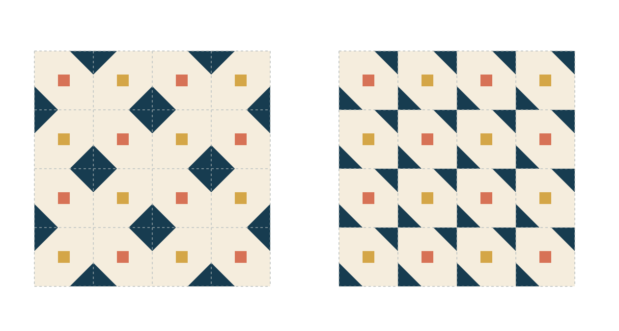Two sixteen-block diagrams show navy diamonds forming across alternating block corners, then paired corner wedges after the B blocks are turned