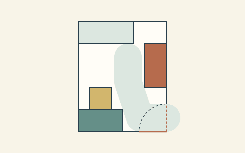 Text-free measured room drawing with four furniture footprints, an open door and a pale route through the middle