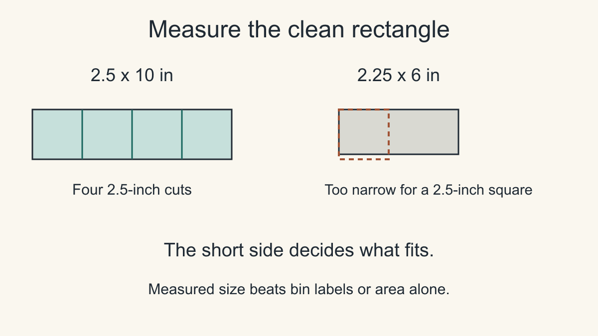 Original scale diagram comparing a two-and-a-half by ten-inch strip that fits four squares with a two-and-a-quarter-inch-wide rectangle that is too narrow