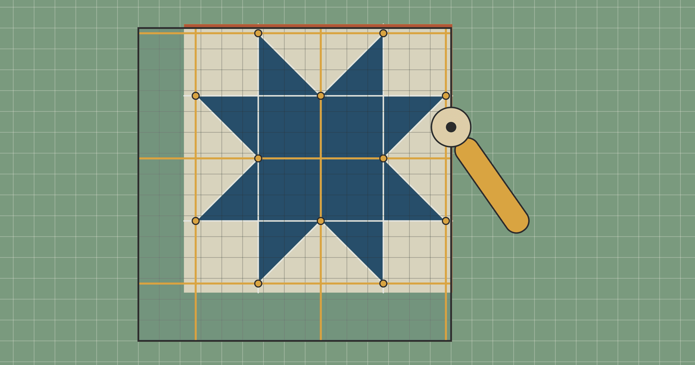Sawtooth Star block on a green cutting mat under a 15-inch square ruler, with a thin strip trimmed from its top edge and a rotary cutter at the ruler's right edge