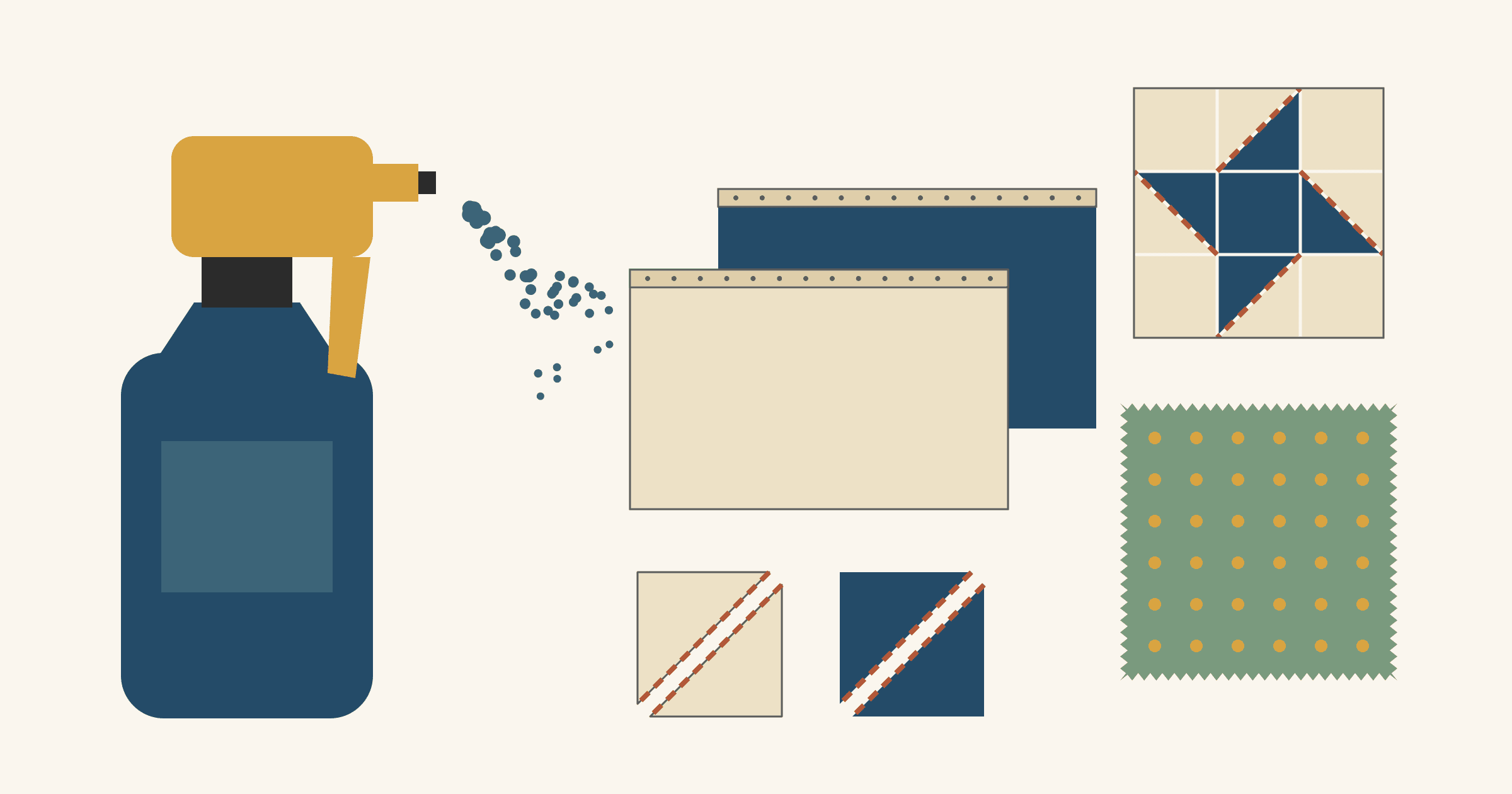 Flat diagram of a navy and mustard trigger spray bottle misting a piece of cream yardage with navy yardage behind it, a cream and a navy square each cut once on the diagonal with the bias edges dashed in rust, a cream and navy Friendship Star block and a pinked sage charm square