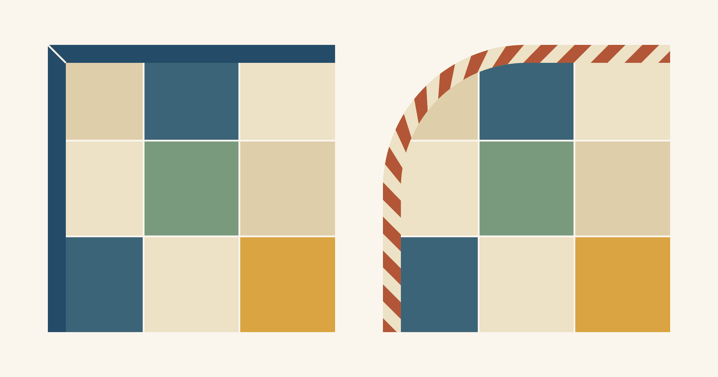 Two quilt corners side by side: a square corner with solid navy binding and a mitered fold, and a corner rounded to a 3 in radius with rust and cream stripes running diagonally around the curve