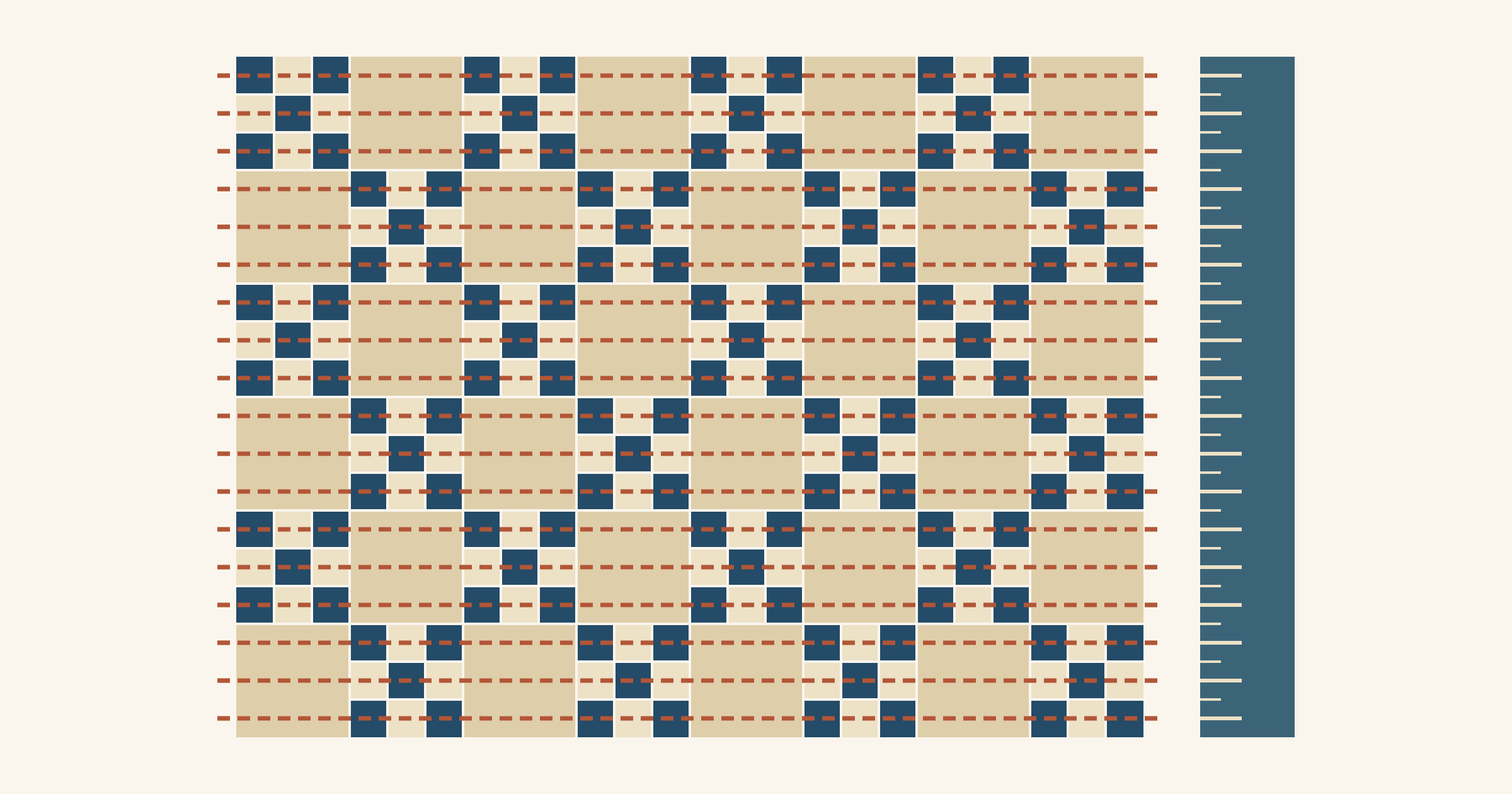 Flat diagram of a 36 x 48 inch quilt top of navy and cream Nine Patches alternating with plain tan squares, turned sideways, with rust dashed quilting lines 2 inches apart through the middle of each row of patches and a ruler marked every inch beside it