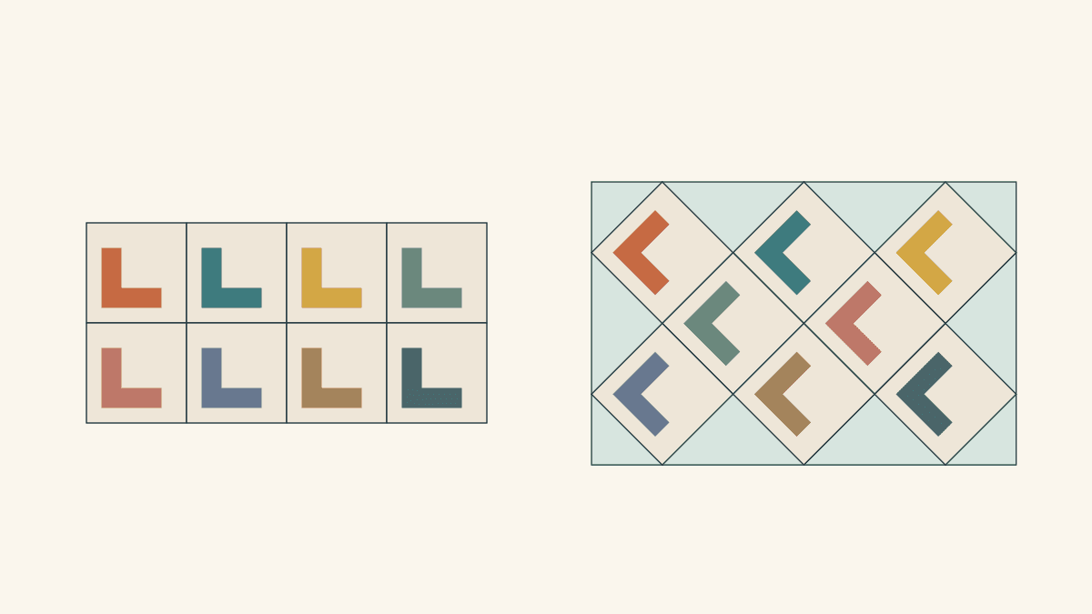 The same eight colored L-shaped blocks in a four-by-two straight setting and a three-two-three on-point setting with green edge triangles