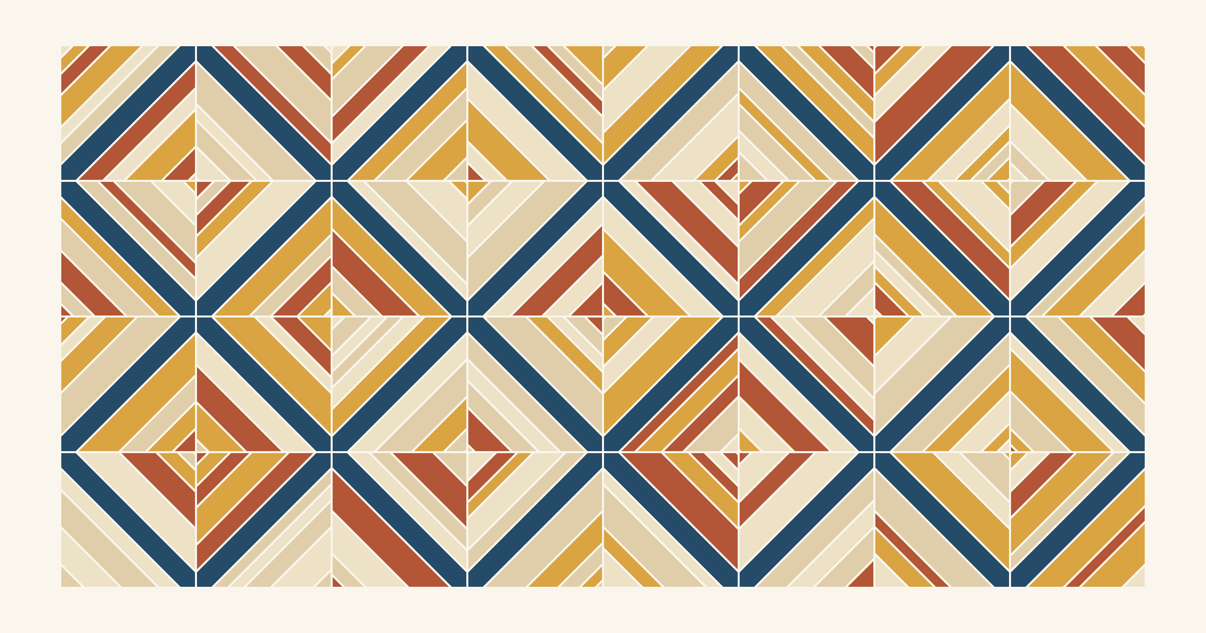 Thirty-two string blocks, 8 across and 4 down, with every other block turned so their navy center strips meet in a lattice of diamonds among rust, mustard, tan and cream strings