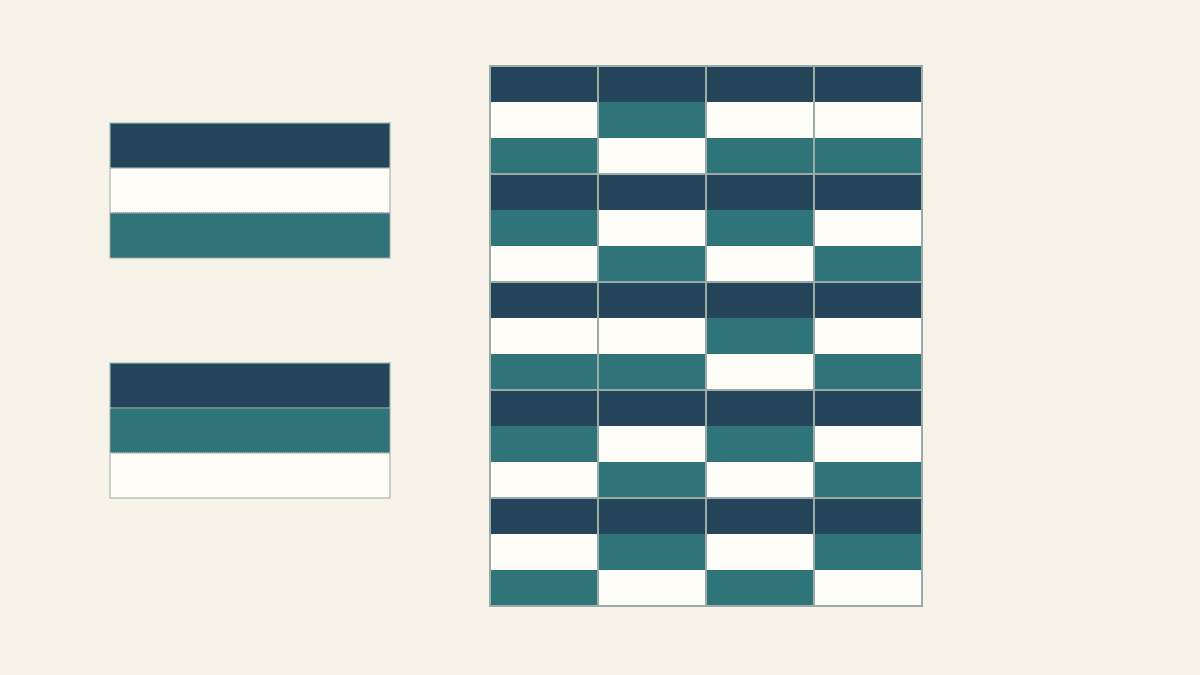 Drawn three-band units in two fabric orders beside a four-column, five-row layout containing twelve cream-center units and eight teal-center units