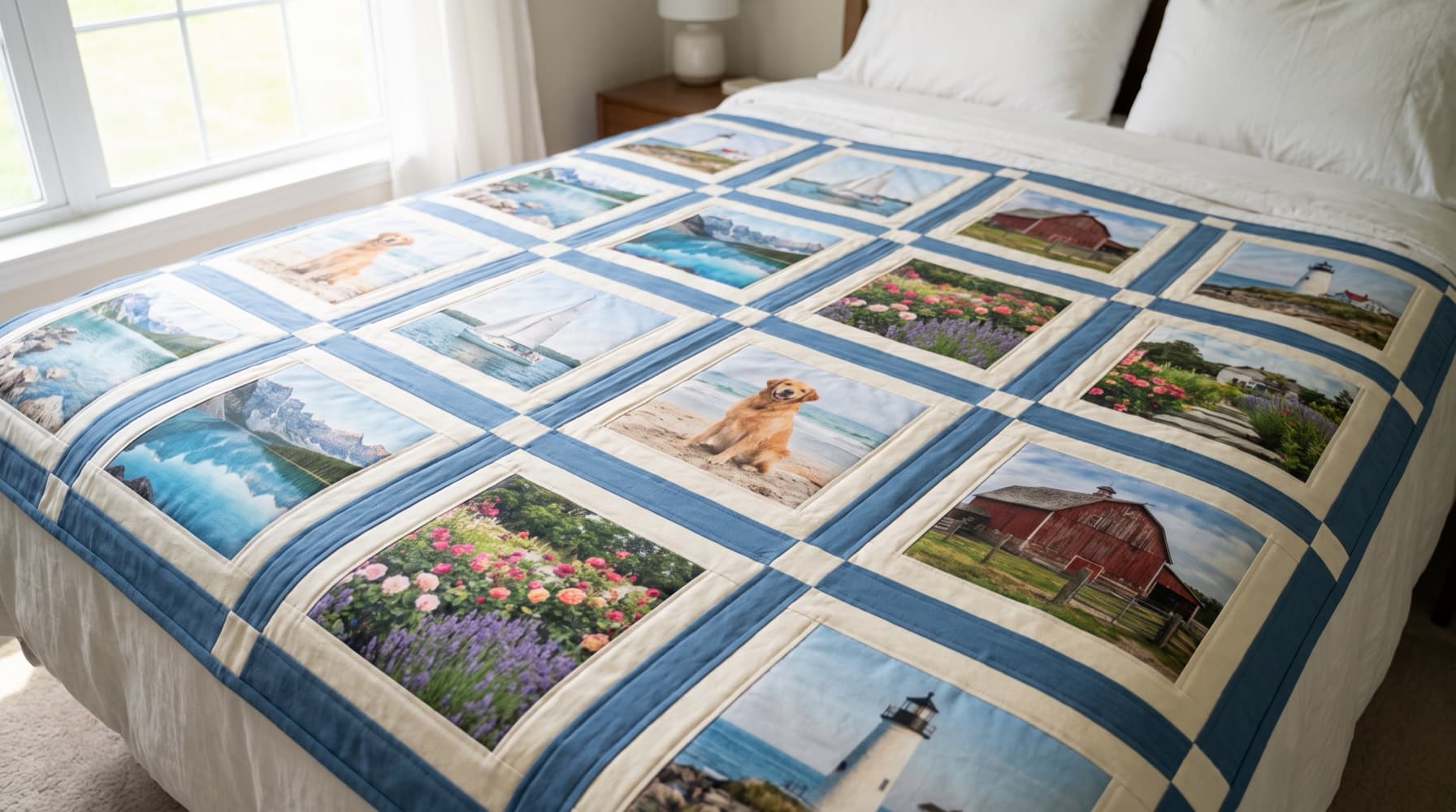 A memory quilt of printed photo blocks showing a lighthouse, a red barn, a golden retriever and gardens, set with blue sashing