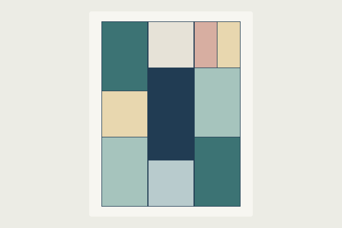 Original flat-color planning diagram of ten mixed-size rectangles arranged in three columns, with no shirt photographs or fabric textures