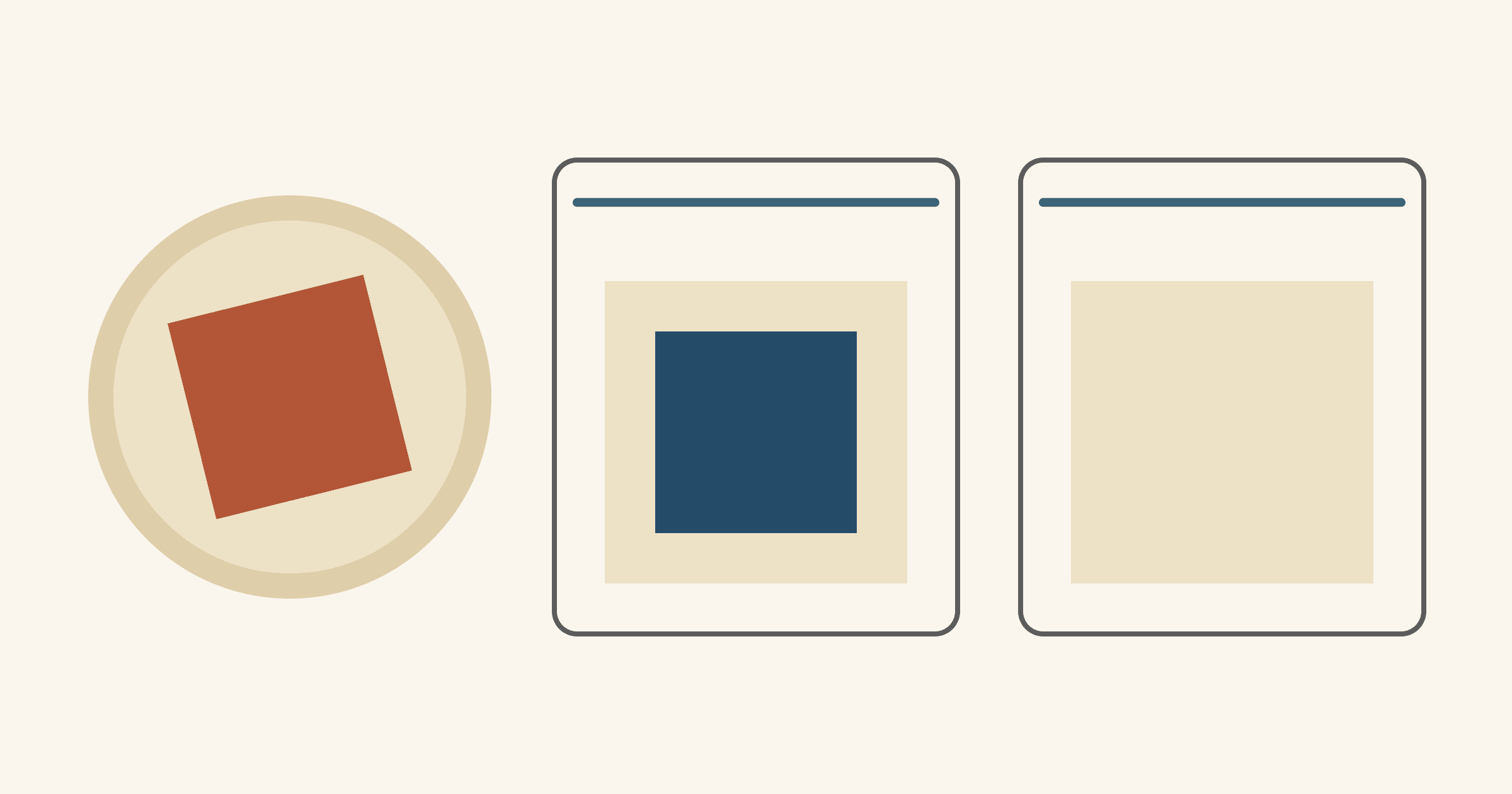 Flat diagram drawn to one scale: a 4 inch glass of water seen from above with a 2 inch red fabric square soaking in it, beside two sealed zip-top bags, one holding a 2 inch navy square centered on a 3 inch cream square and the other a 3 inch cream square alone