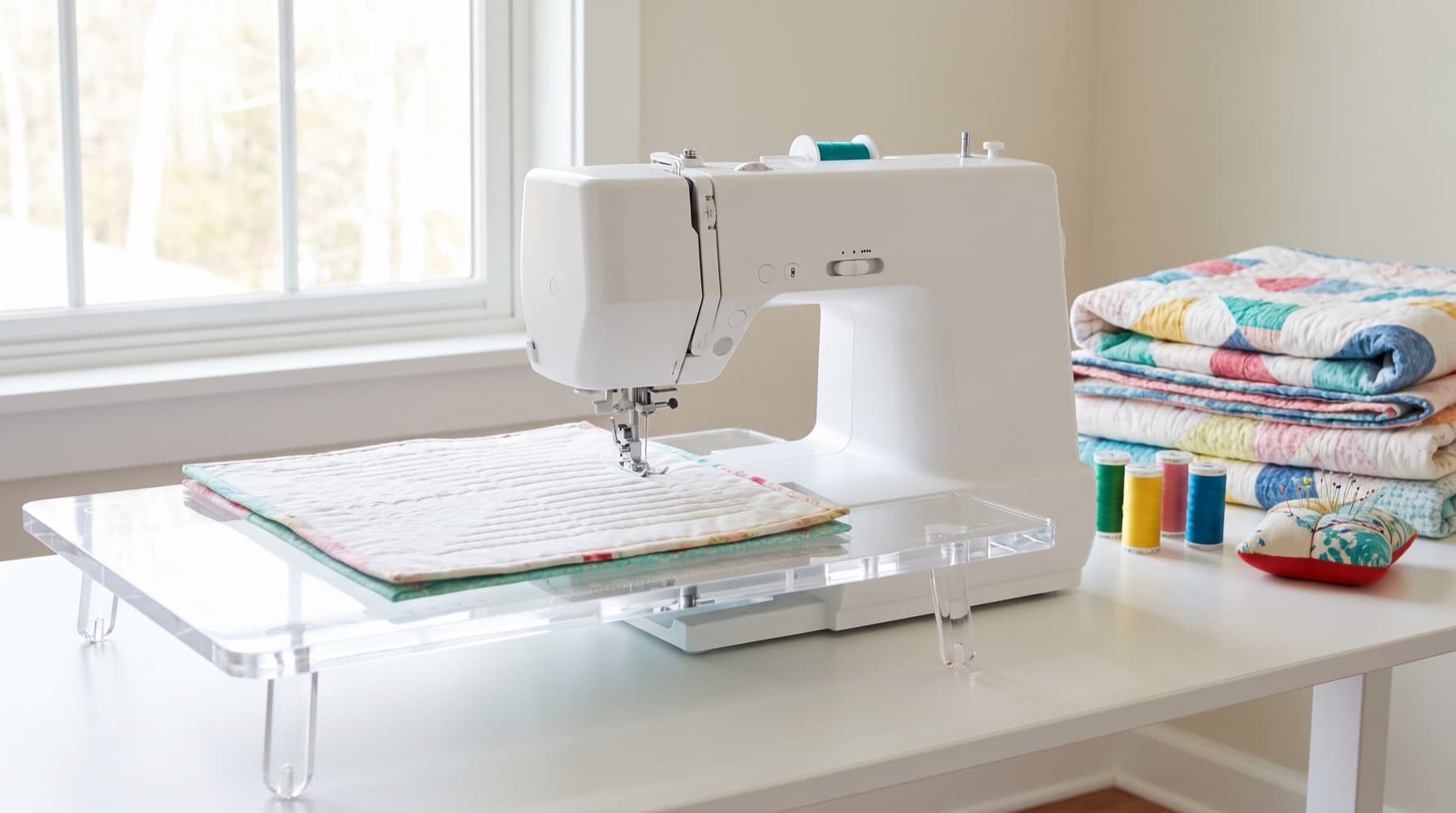 A white sewing machine on a clear extension table quilting straight lines through a quilt sandwich