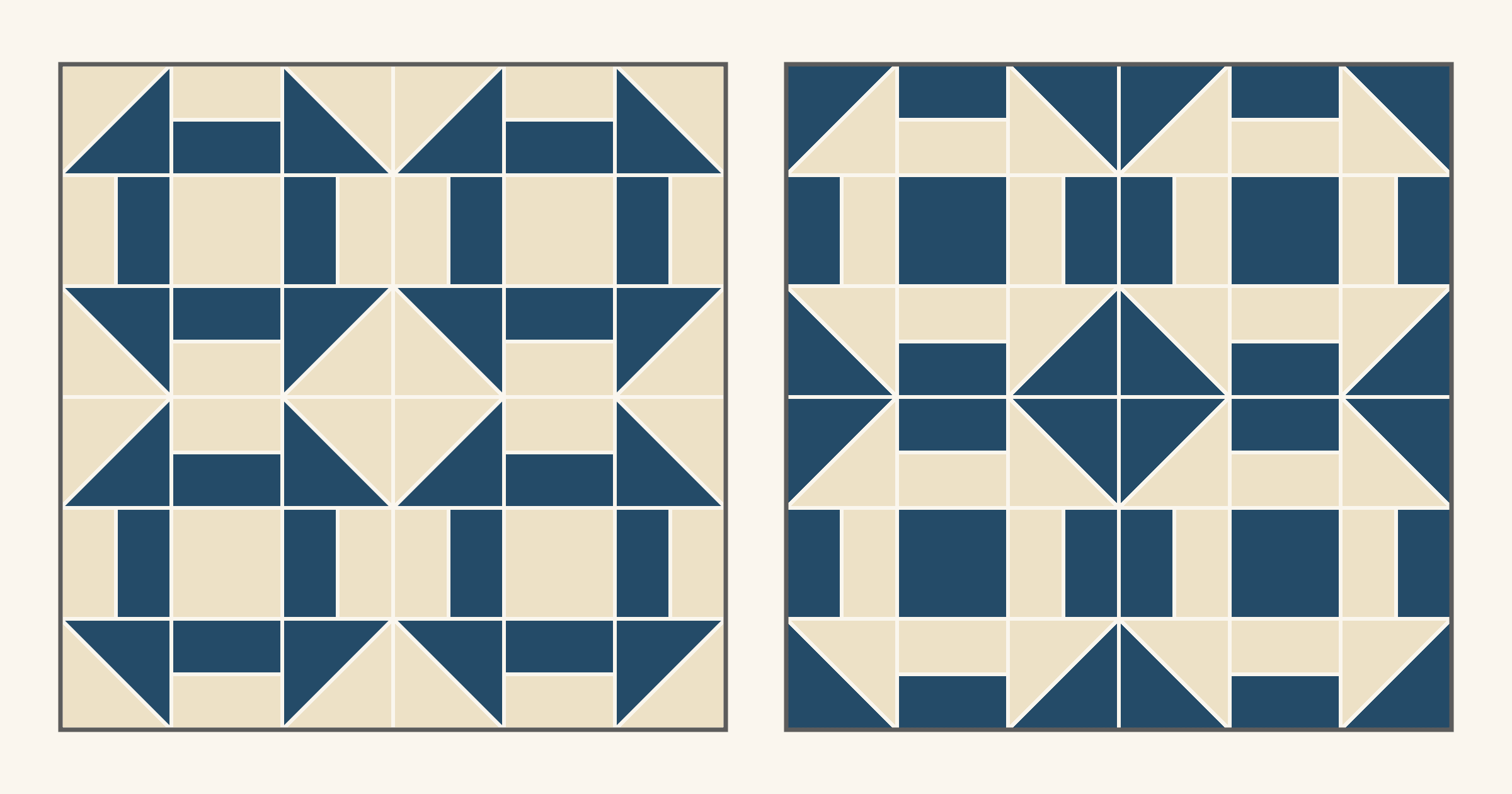Two groups of four navy and cream Churn Dash blocks: navy frames on a cream background at left, the same blocks with the colors swapped at right