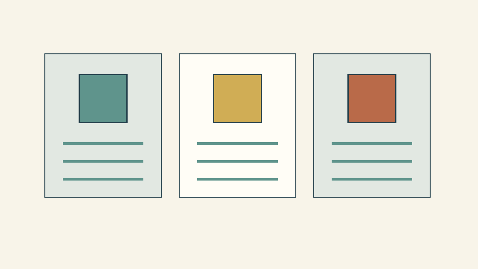 Text-free drawing of three project record cards with different colored block symbols