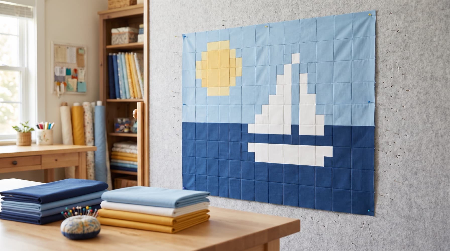 A pixelated sailboat photo-mosaic quilt top pinned to a design wall above stacks of solid fabrics