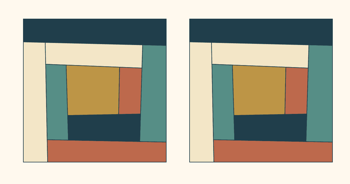 Two drawn wonky Log Cabin blocks with sloped navy, cream, rust, teal and gold pieces
