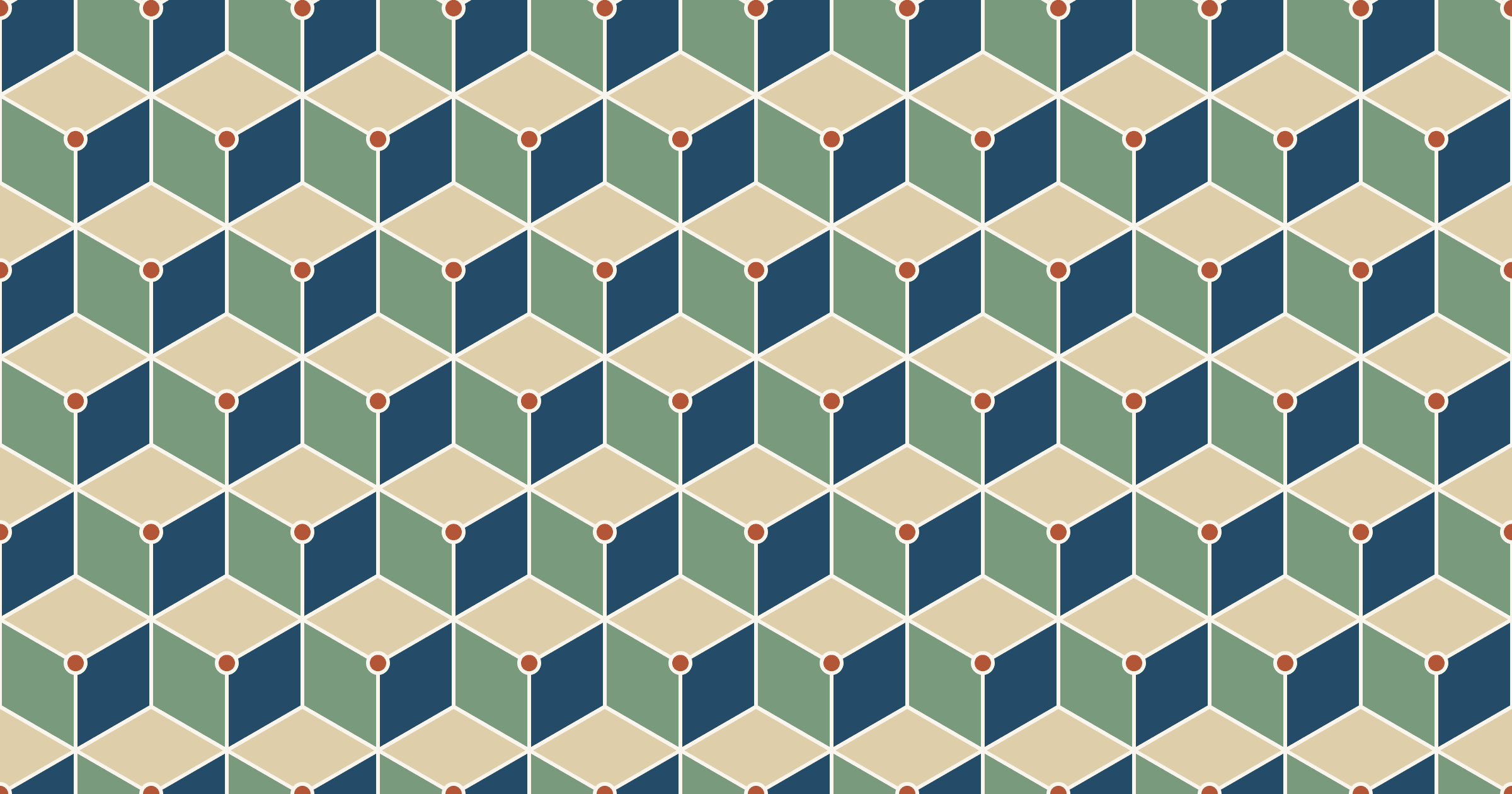 A field of tumbling blocks in tan, sage and navy, with a rust dot at the center of every cube where three seams meet in a Y