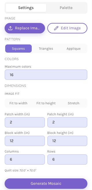 Photo Mosaic settings example with 16 maximum colors, two-inch patches, twelve-inch blocks, six columns and six rows