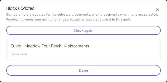The Block updates dialog listing one block with four placements marked up to date