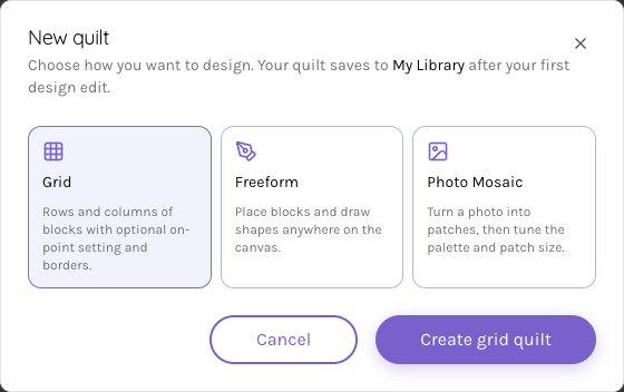 New quilt chooser with Grid selected beside Freeform and Photo Mosaic, and a My Library save-destination notice