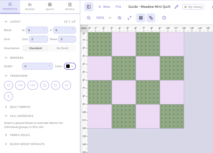 The Quilt Editor Properties panel with block size, columns, rows and a small grid quilt