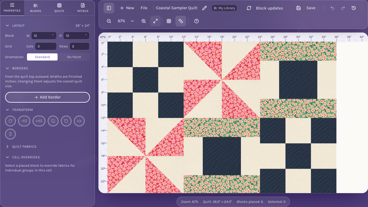QuiltLab Quilt Editor showing a sampler made with coral and green floral fabrics with solid navy and cream beside the layout controls